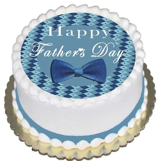 Father's Day edible icing cake topper with a blue bow tie, shown on a frosted cake.