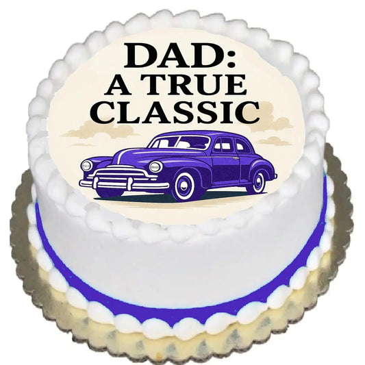 Father's Day edible icing cake topper with a purple classic car and Dad, a True Classic lettering, shown on a frosted cake.