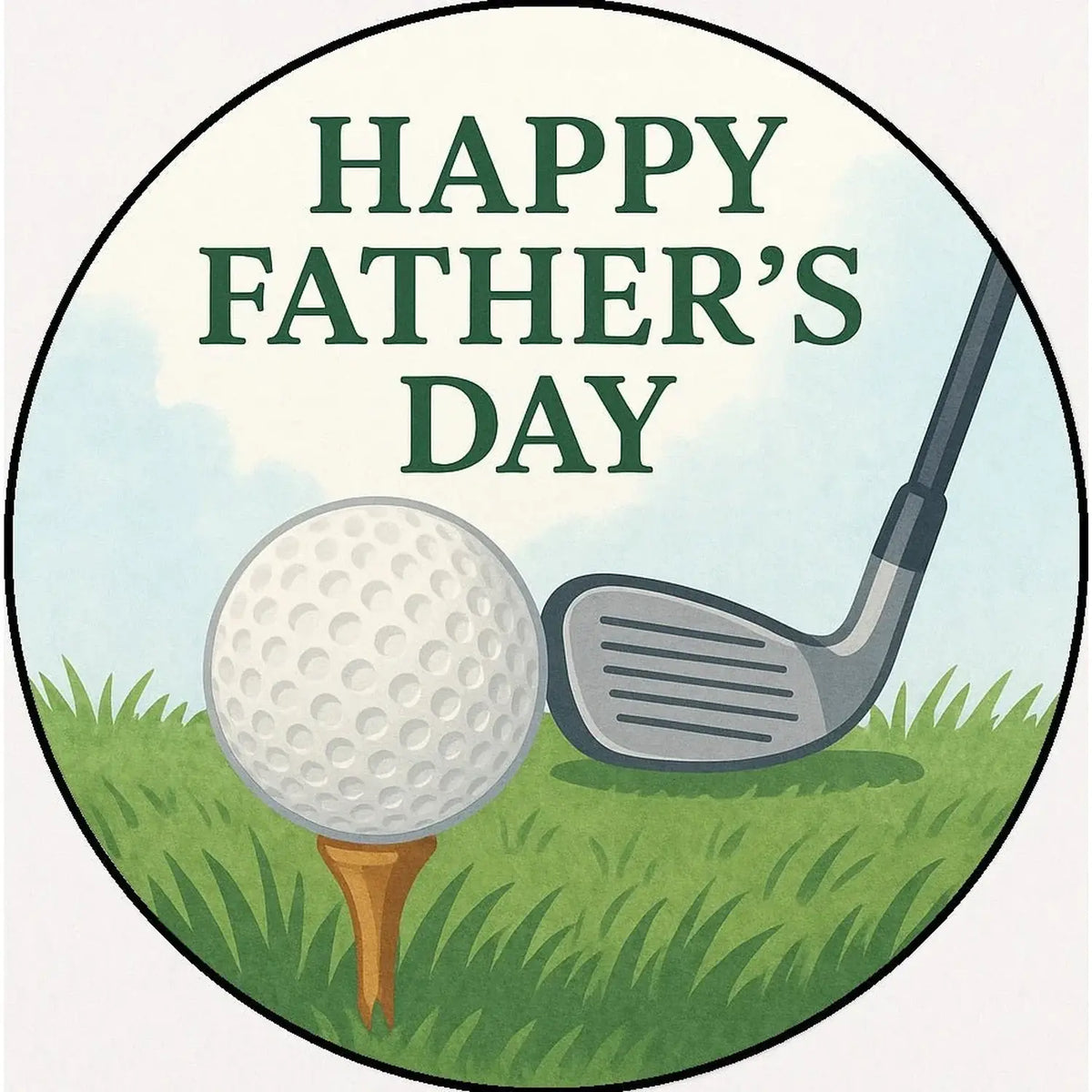 Father's Day edible icing cake topper with a golf ball and club, round design.