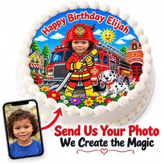Send your child’s photo for a personalized firefighter round edible icing cake topper - RA Pape