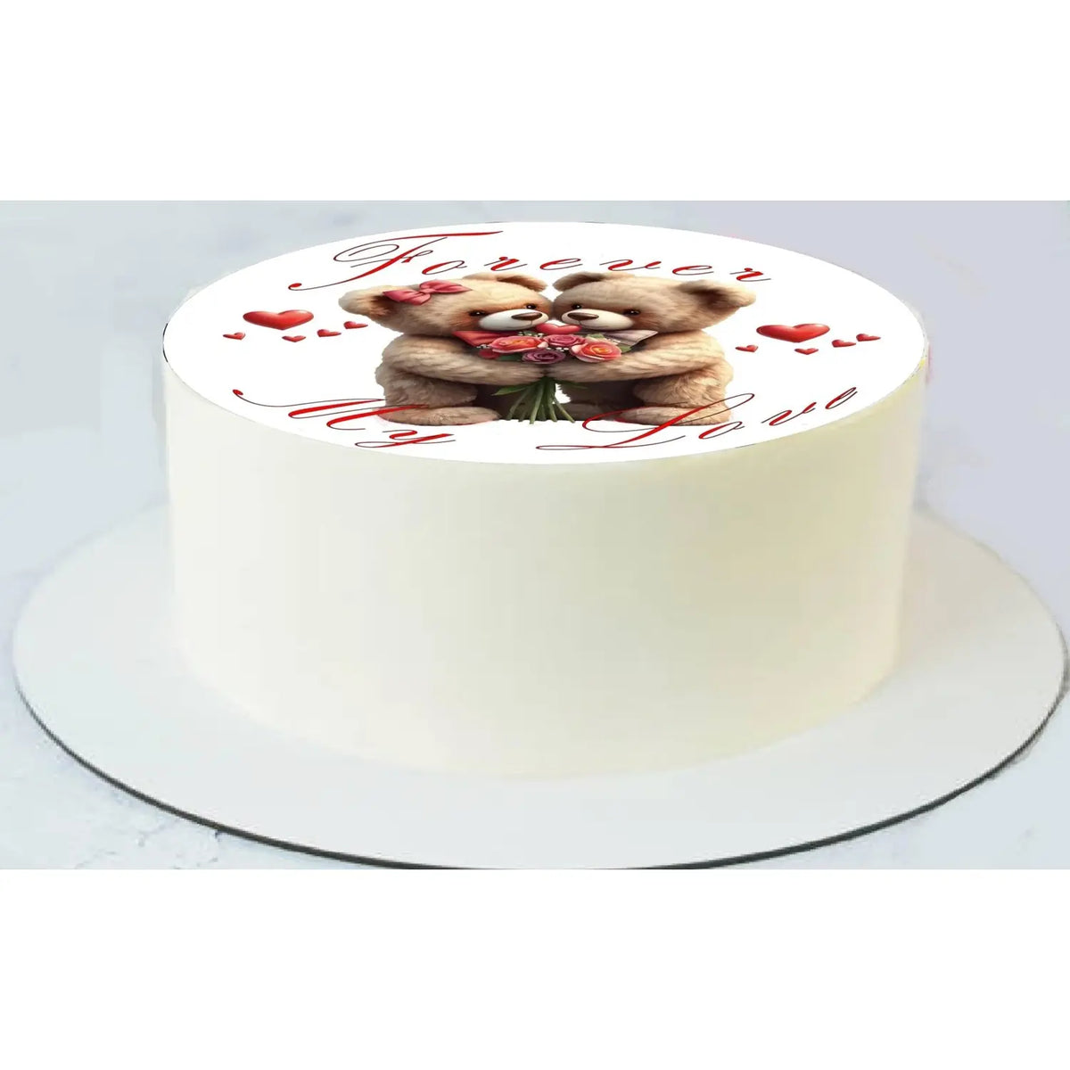 Forever My Love Anniversary Edible Icing Cake Topper – 8-Inch Round on a round cake.