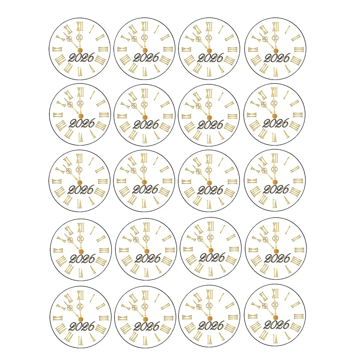 New Year's Edible Icing Cookie & Cupcake Toppers – Golden Clock, 20 Precut 20 precut topper designs.