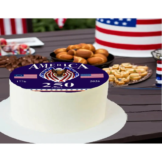 USA 250th Anniversary Happy Birthday Edible Icing Cake Topper – 8-Inch Round on a patriotic celebration table.