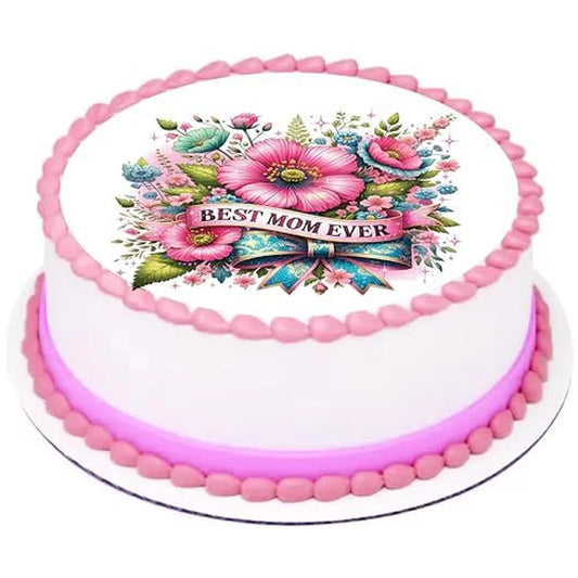 Mother's Day Best Mom Edible Icing Cake Topper – 8-Inch Round on a round cake.