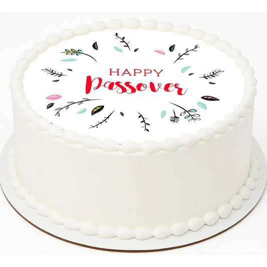 Happy Passover Edible Icing Cake Topper – 8-Inch Round shown on a round frosted cake.