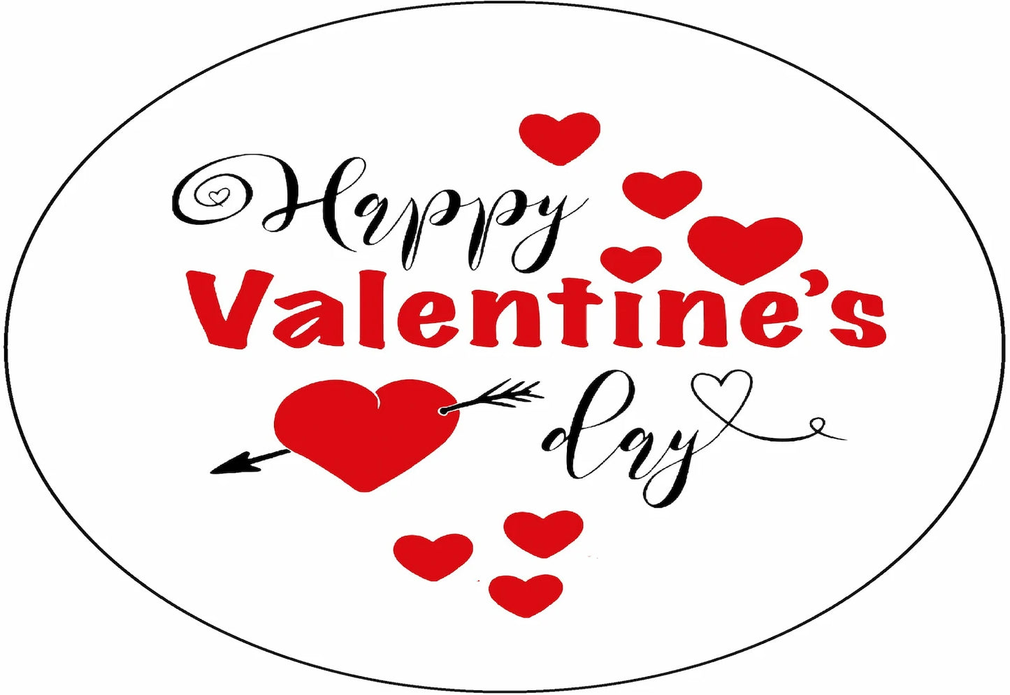 Edible image cake topper with 'Happy Valentine's Day' text and red hearts and arrow.