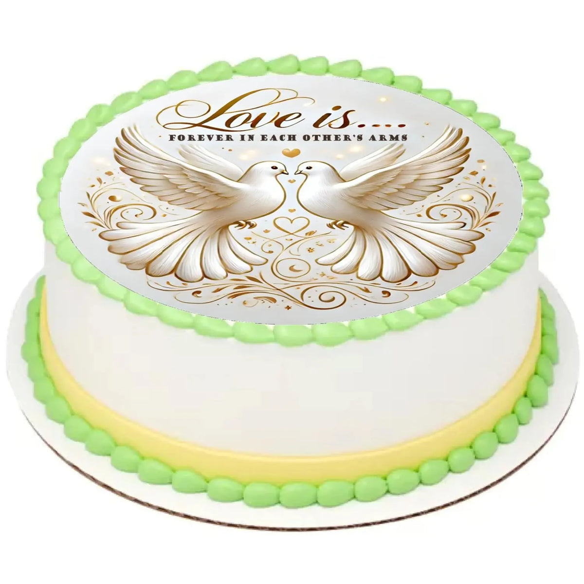 Love Is… Anniversary Edible Icing Cake Topper – 8-Inch Round on a round cake.