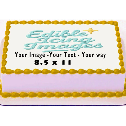 Quarter-sheet edible icing image size guide showing 8.5 x 10.5 inches