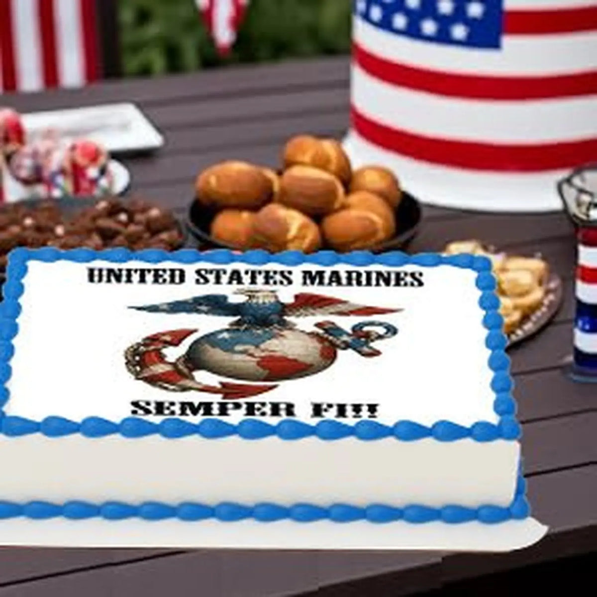 USMC Marine Semper Fi Edible Icing Sheet Cake Topper on a patriotic celebration table.