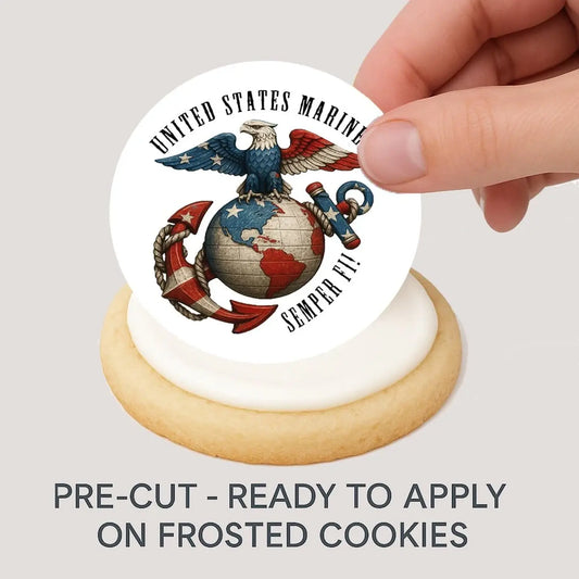 USMC Marine Semper Fi Edible Cookie & Cupcake Toppers – 20 Precut being placed on a frosted cookie.