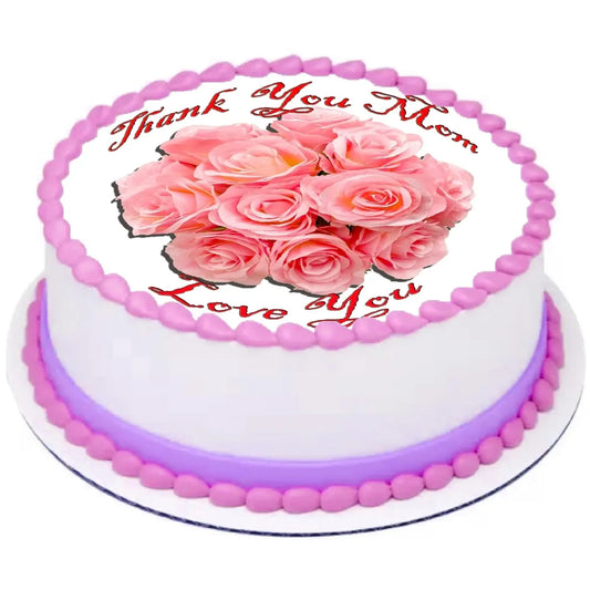 Mother's Day Peach Roses Edible Icing Cake Topper – 8-Inch Round on a round cake.