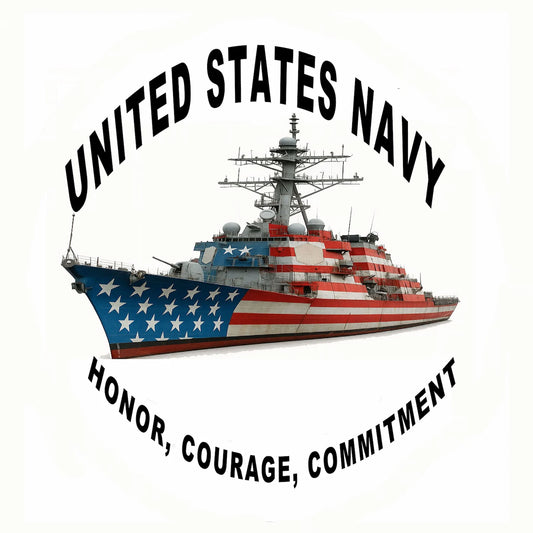 United States Navy ship with American flag design and 'Honor, Courage, Commitment' text on a white background