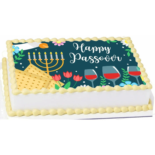 Passover Celebration Edible Icing Sheet Cake Topper shown on a frosted sheet cake.