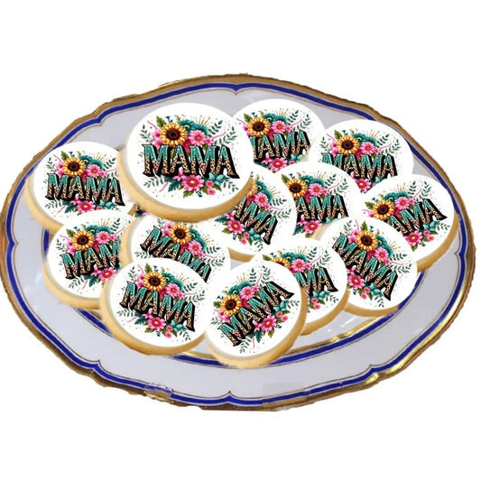 Mother's Day Mama Edible Cookie & Cupcake Toppers – 20 Precut on a plate of cookies.