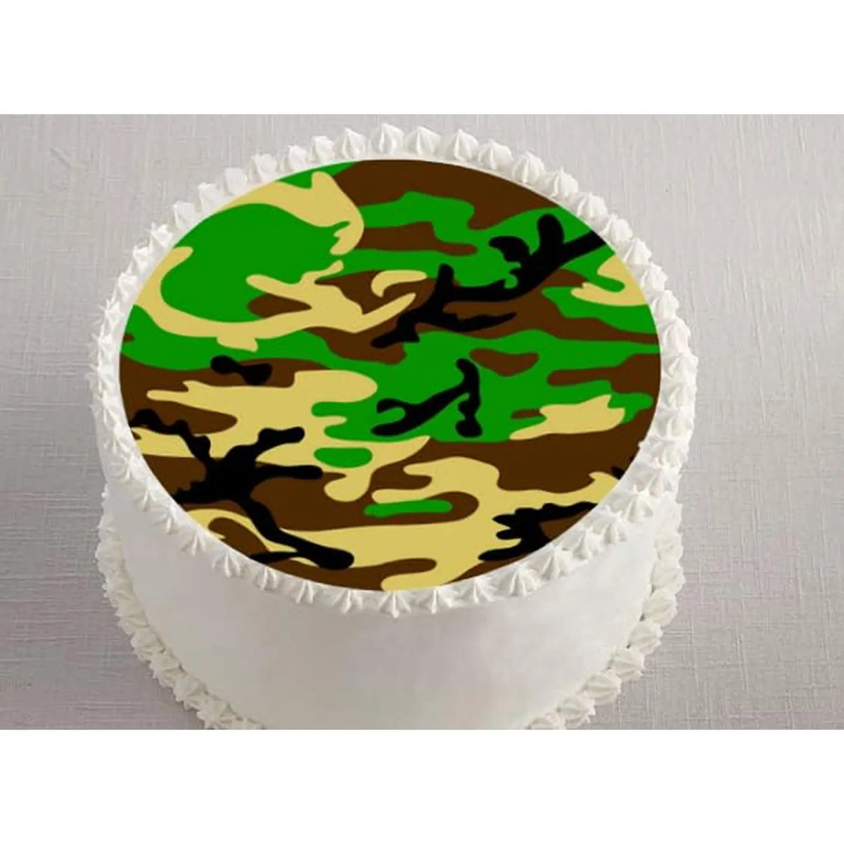 Soldiers Woodland Cameo Edible Icing Cake Topper – 8-Inch Round on a round cake.