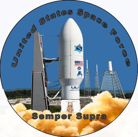 Space rocket launch with 'United States Space Force' text and ULA logo.