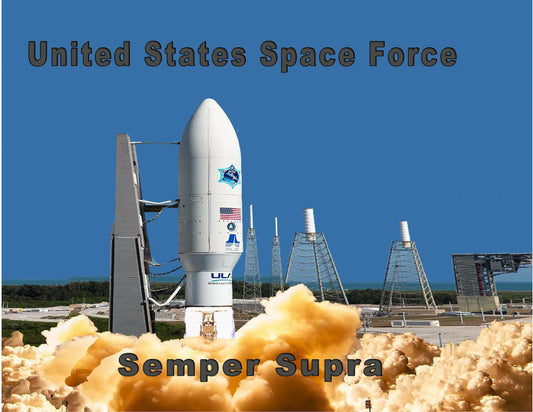 Rocket launch blasting off, with text United States Space Force - Semper Supra