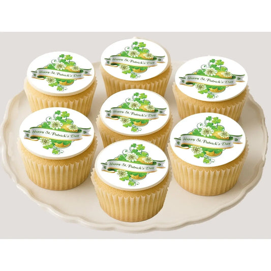 St. Patrick's Day edible icing cookie and cupcake toppers with St. Patrick's Day bouquet, on cupcakes.