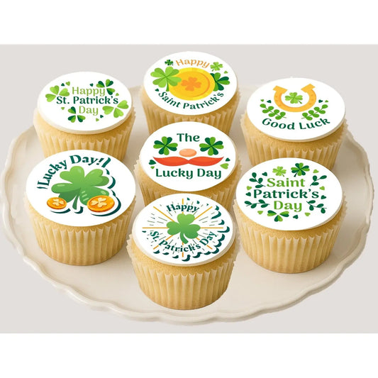 St. Patrick's Day edible icing cookie and cupcake toppers with Happy St. Paddy's Day, on cupcakes.