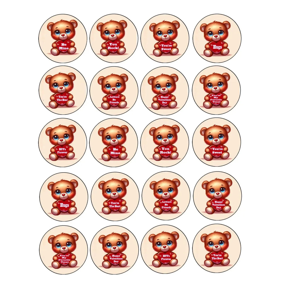 Sweet Valentine Teddy Valentine's Day Edible Cookie & Cupcake Toppers – 20 Precut, sheet of 20 teddy bear designs.