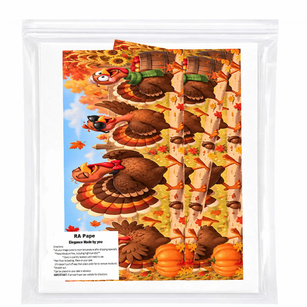 High-definition printed thanksgiving turkey edible icing sheet ready to peel and apply.