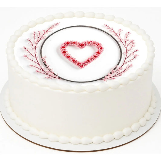 Pink Whisper Heart Valentine's Day Edible Icing Cake Topper – 8-Inch Round, on a white frosted cake.