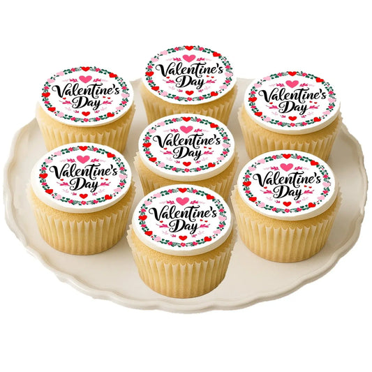 Valentine Wreath Valentine's Day Edible Cookie & Cupcake Toppers – 20 Precut, on cupcakes.