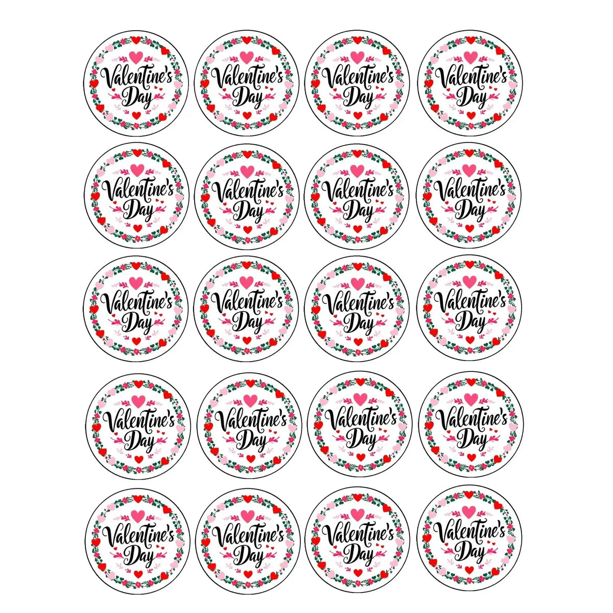 Valentine Wreath Valentine's Day Edible Cookie & Cupcake Toppers – 20 Precut, sheet of 20 Valentine's Day wreath designs.