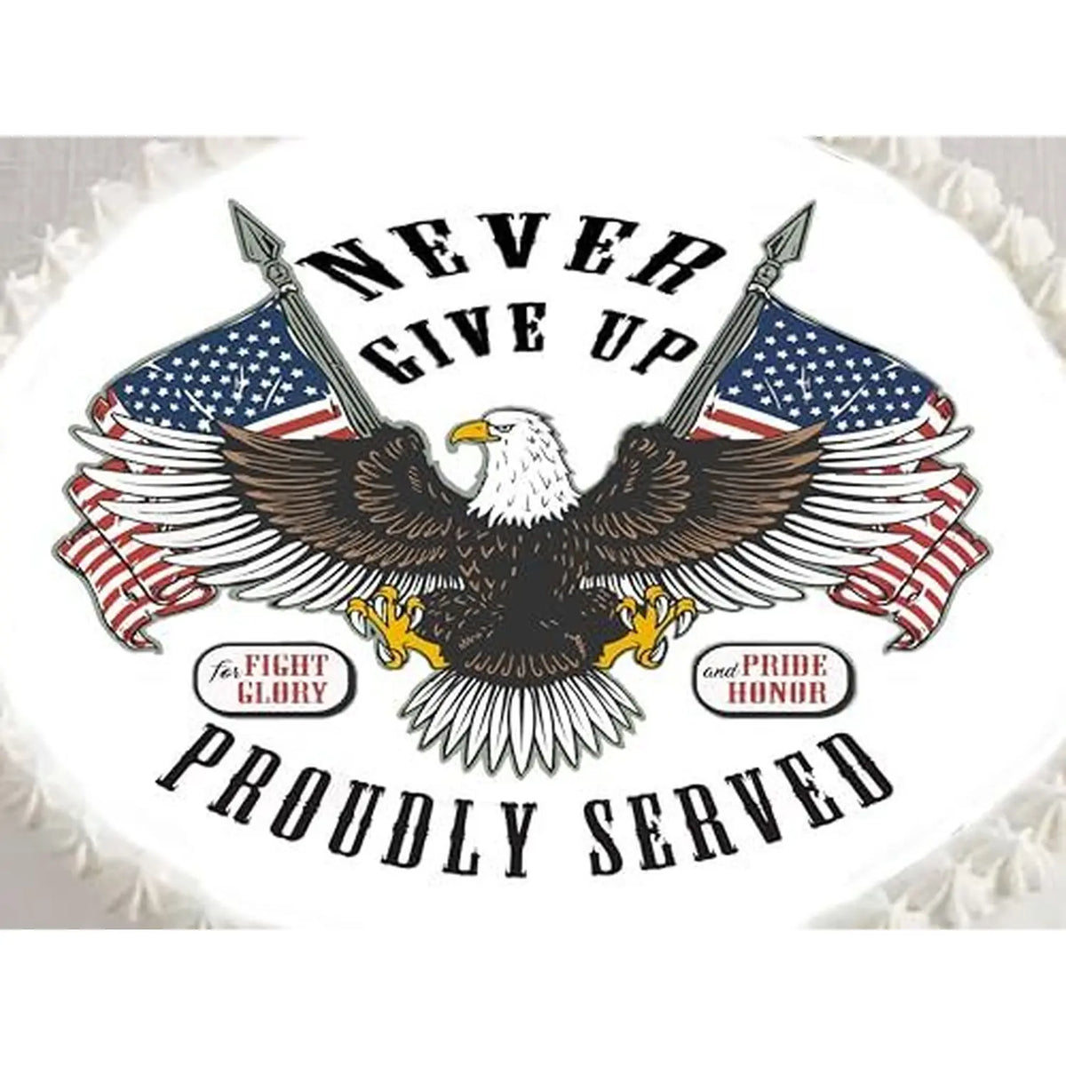Veterans Proudly Served Eagle Flag Edible Icing Cake Topper – 8-Inch Round topper design.