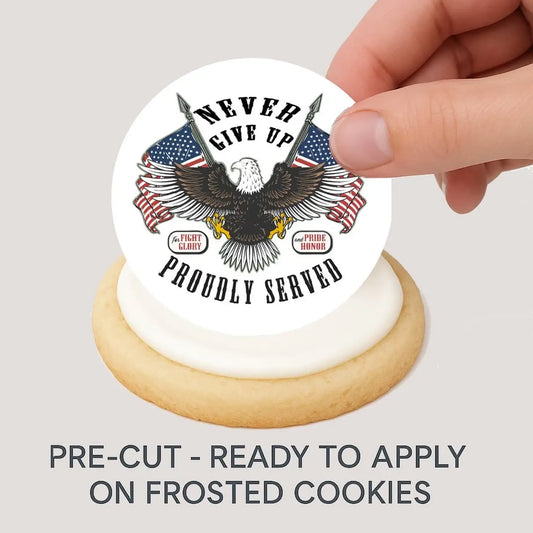 Veterans Proudly Served Eagle Flag Edible Cookie & Cupcake Toppers – 20 Precut being placed on a frosted cookie.