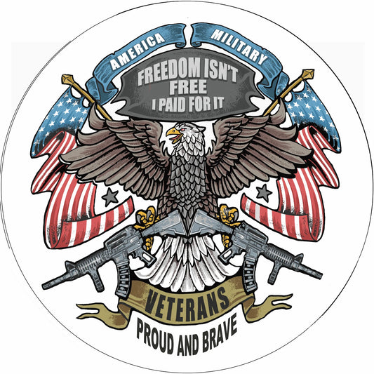 Eagle with American flags and military symbols, featuring text about veterans and freedom