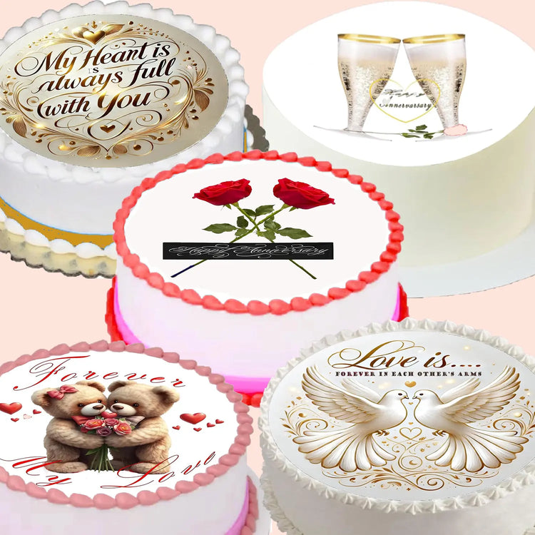 Anniversary edible icing cake topper collection with romantic designs, precut round icing images and classic gold cake wraps