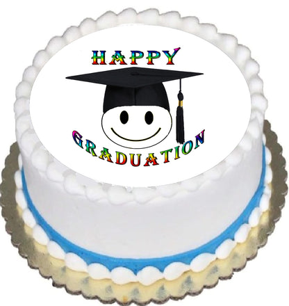 Happy Face grad Graduation Edible Image Sheet Cake Topper - Precut Easy To Use