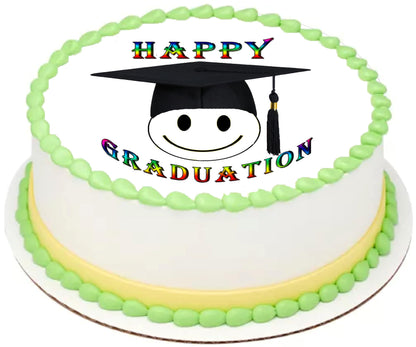 Happy Face grad Graduation Edible Image Sheet Cake Topper - Precut Easy To Use