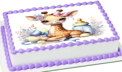 Adorable Baby Giraffe Baby Shower Celebration Gender Reveal - Edible Image Cake Topper Vibrant Colors