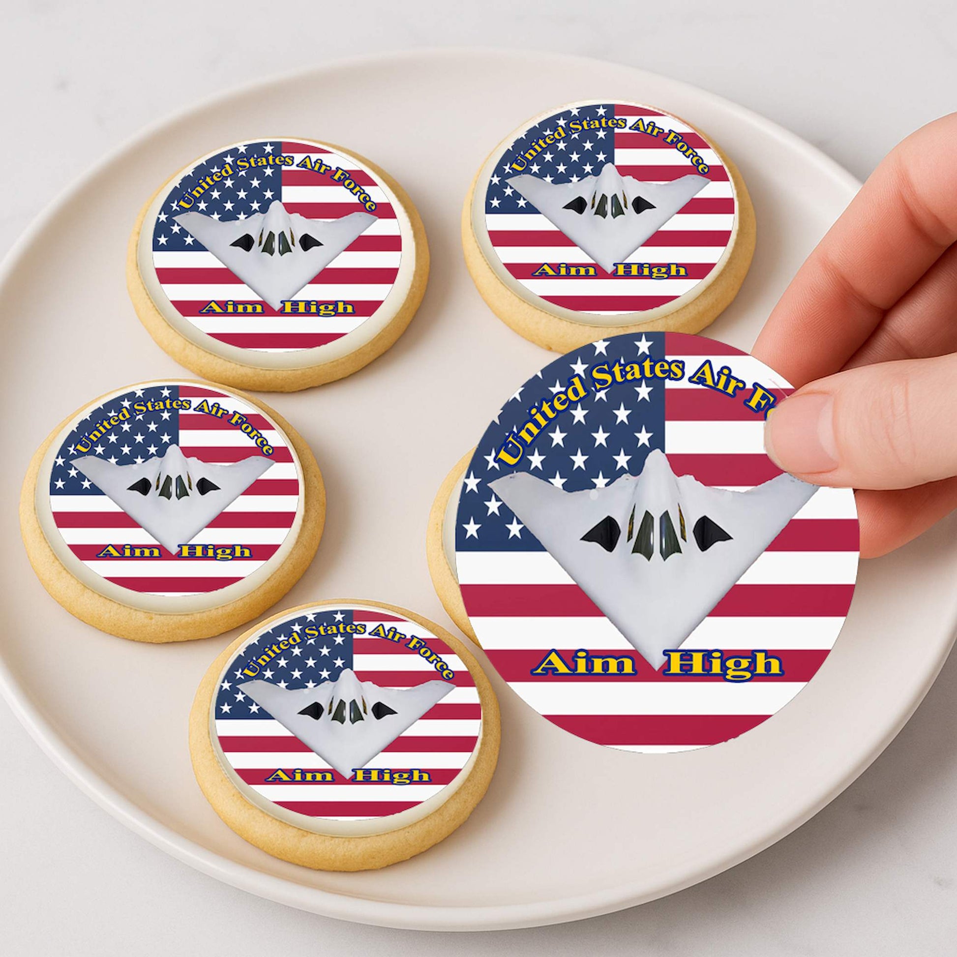 Custom Edible Cake Topper –  Air Force Aim High  Design – Icing Sheet Cookie & Cupcake Images –20 Pre-cut 2” Round– RA Pape
