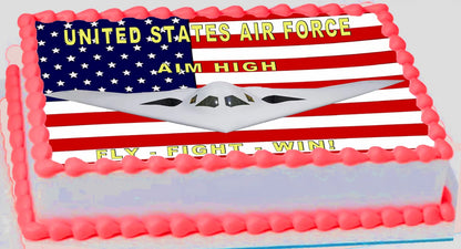 Cake with United States Air Force design featuring an airplane and American flag.