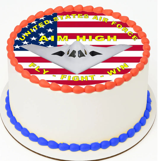 Air Forde Aim High Edible Icing Image  -  United States Air Force design, including figher jet over Ammerican Flag