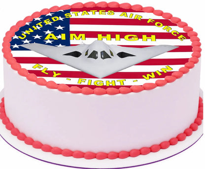 Cake with United States Air Force design, including a flag and airplane graphic.