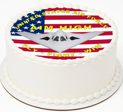 Cake with United States Air Force logo, American flag, and text 'Aim High, Fly Fight Win' on a white background.