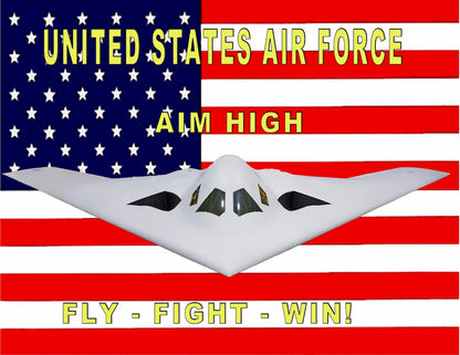United States Air Force logo with a stealth aircraft on an American flag background.