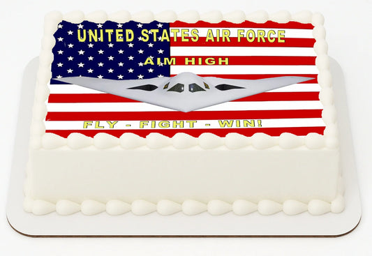 Air Force fighter jet edible cake topper with American flag and 'Aim High' motto for military celebrations