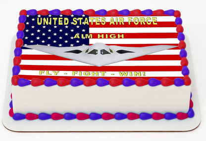 Cake with United States Air Force design, including flag and fighter jet, on a white background.