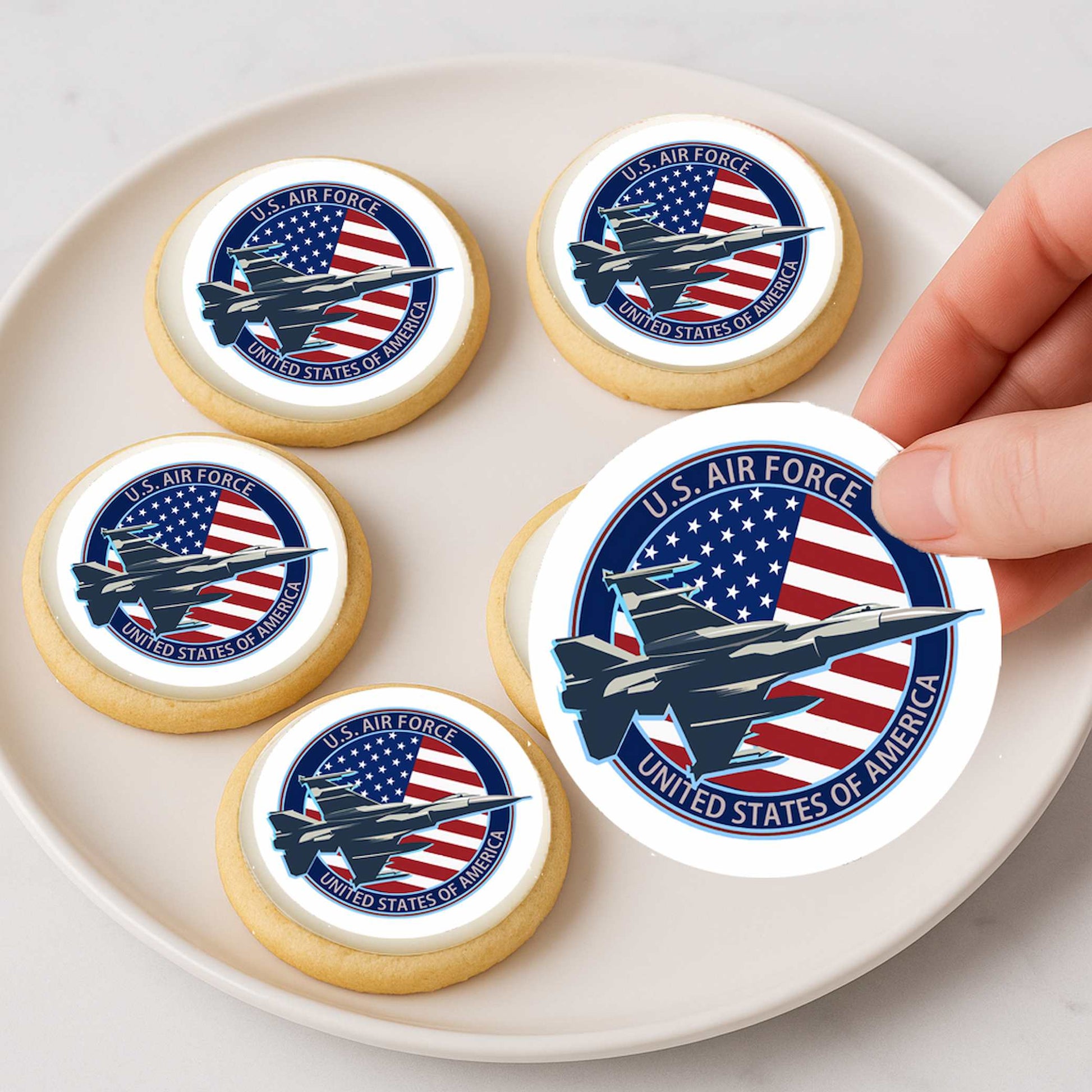 Custom Edible Cake Topper - Air Force Jet Flag  Design – Icing Sheet Cookie & Cupcake Images –20 Pre-cut 2” Round– RA Pape