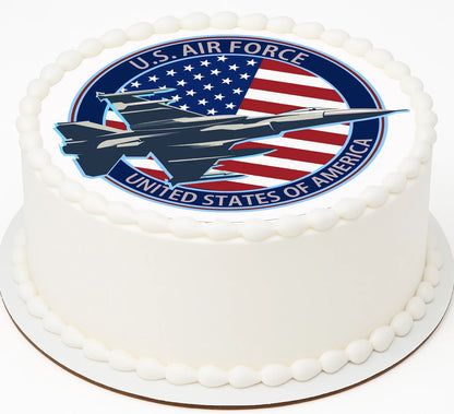 Cake with U.S. Air Force logo featuring an American flag and fighter jet.