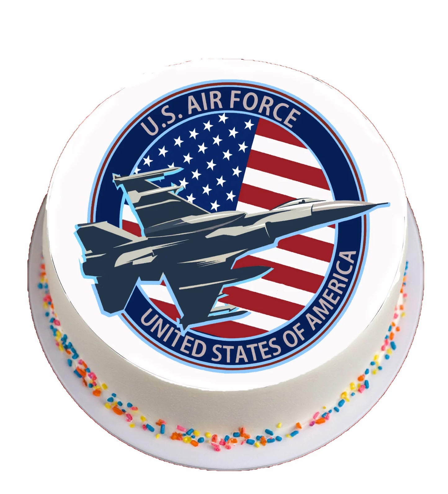 Air Force Jet Flag Edible Image Cake Topper on white cake