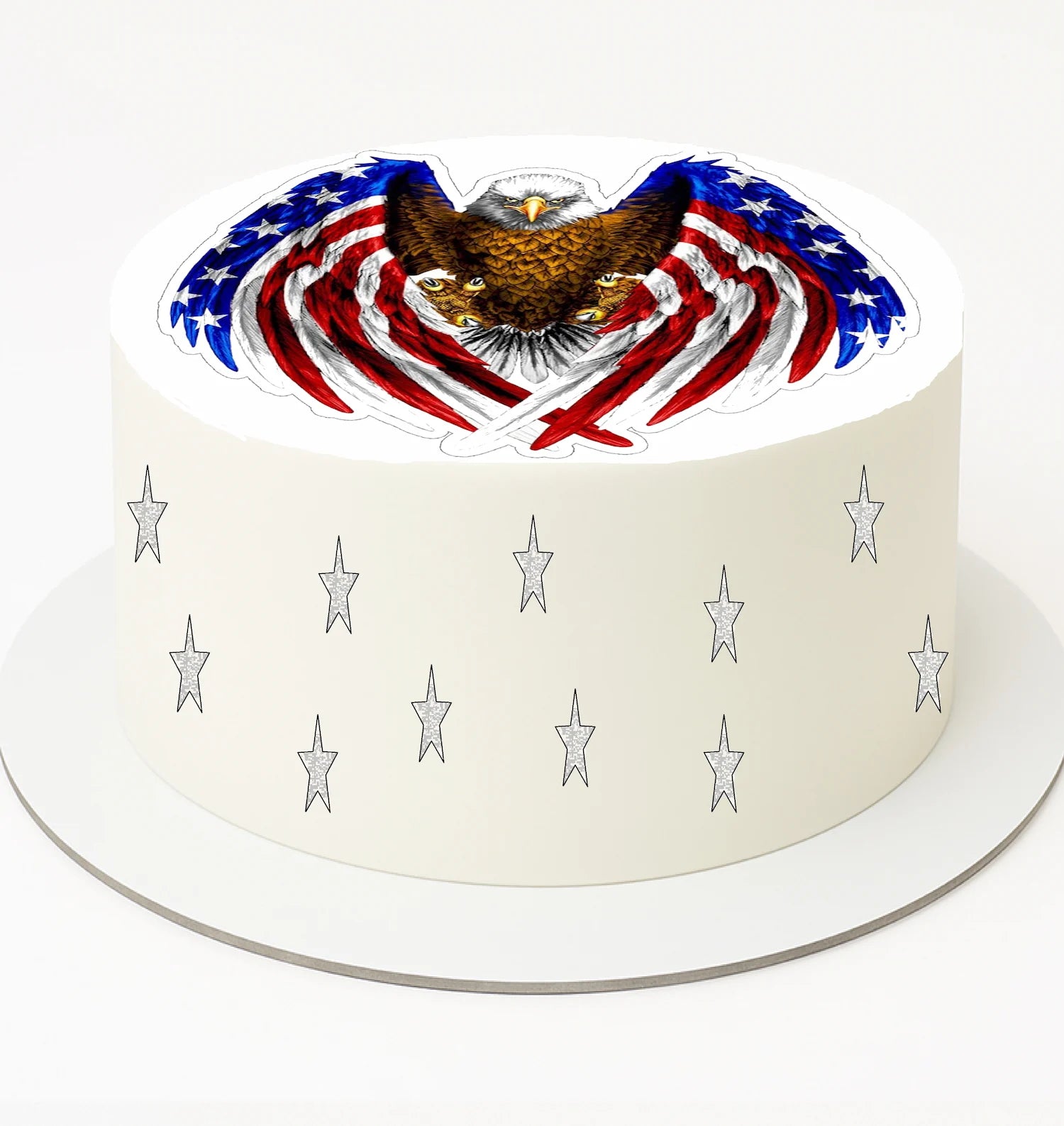 Round edible image cake topper displaying American eagle soaring over flag design in vibrant patriotic colors