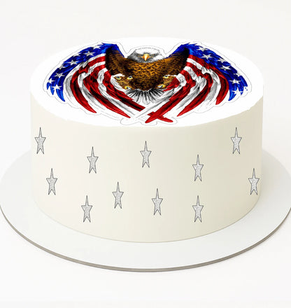 Cake with American flag design and eagle on top