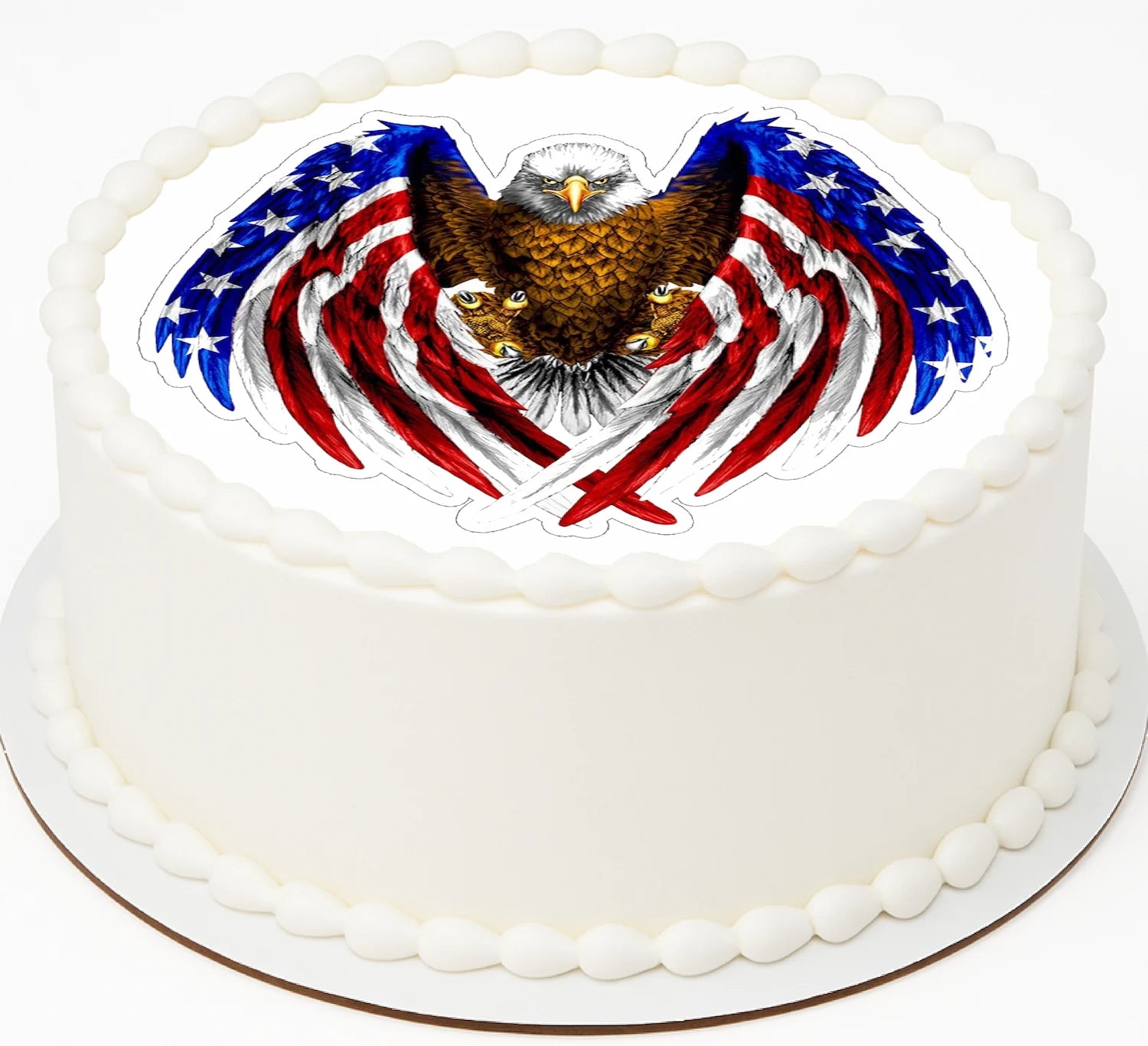 American Eagle Flag edible cake topper featuring patriotic red, white and blue design with majestic eagle and stars and stripes