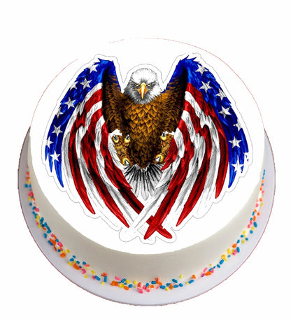 Cake with an eagle and American flag design on a white background